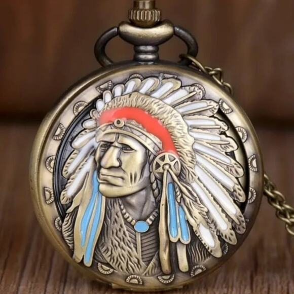 Native American Pocket Watch Gold Indian Chief Turquoise Christmas Birthday Gift - Picture 2 of 6